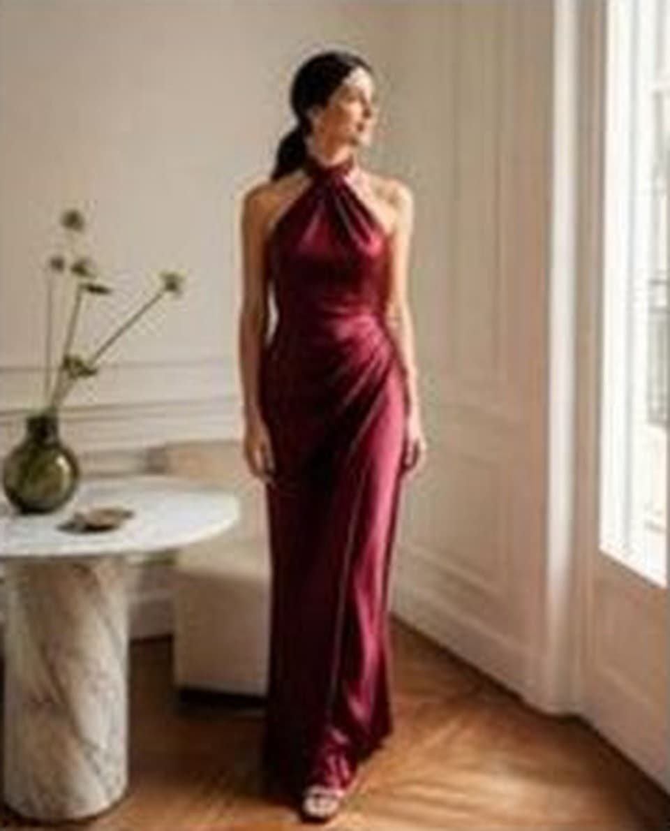 Wine satin halter top and wide-leg pants, worn